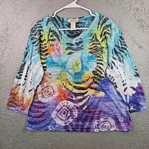 Jess & Jane Florista Tiger Print Rhinestone V Neck 3/4 Sleeve Top XL